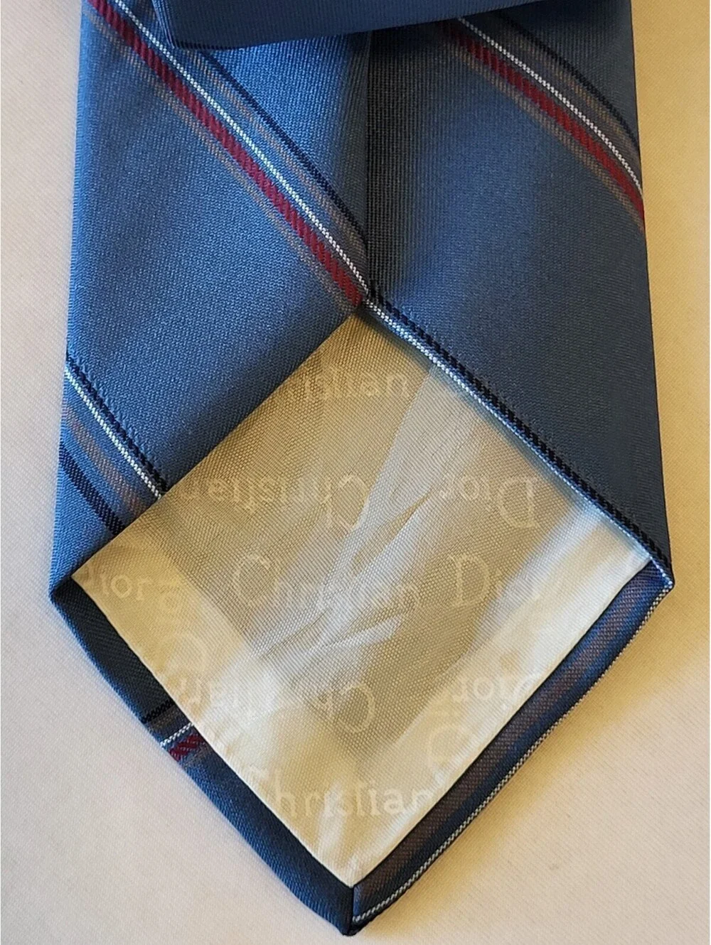 Vintage Christian Dior Men's Light Blue Tan Stripe Tie Necktie Made In USA